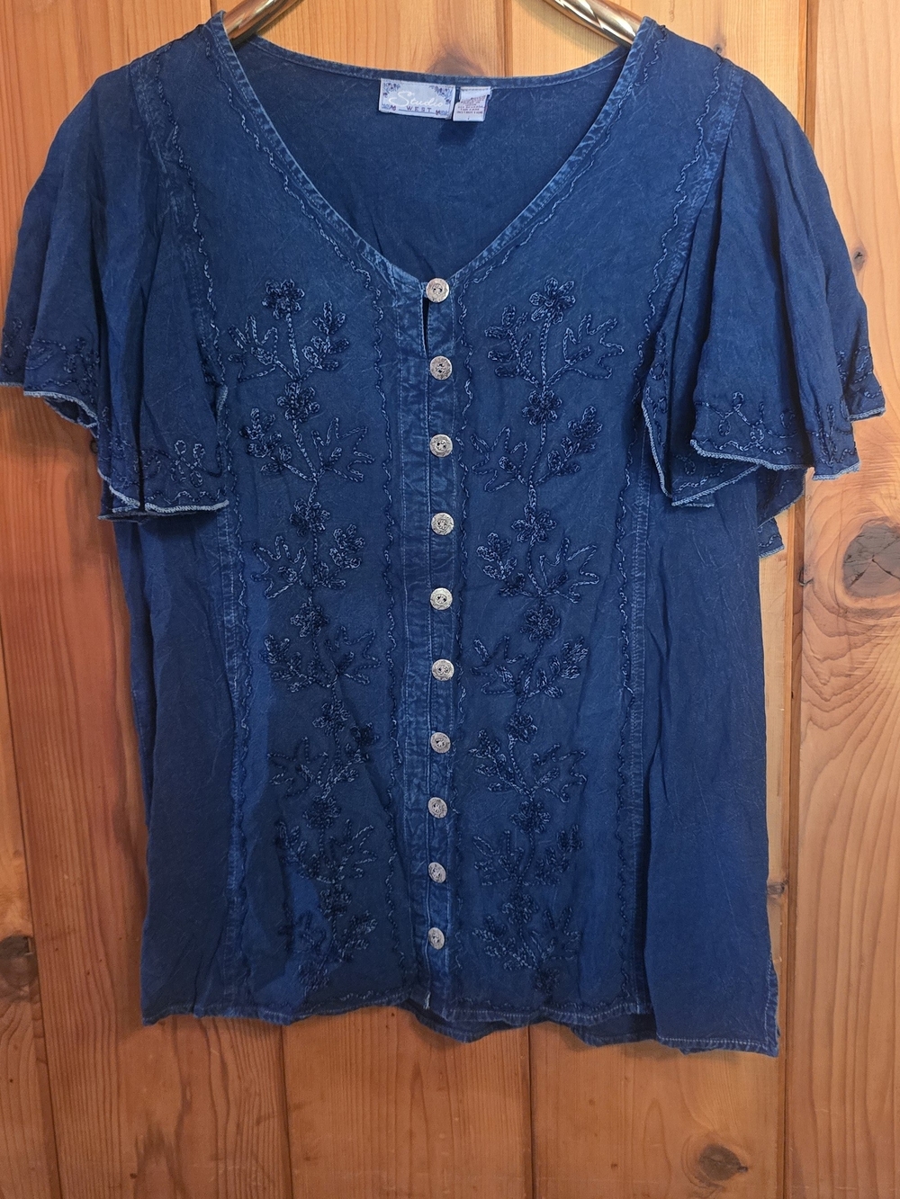 Studio West Denim Blue Embroidered Button-Front Blouse